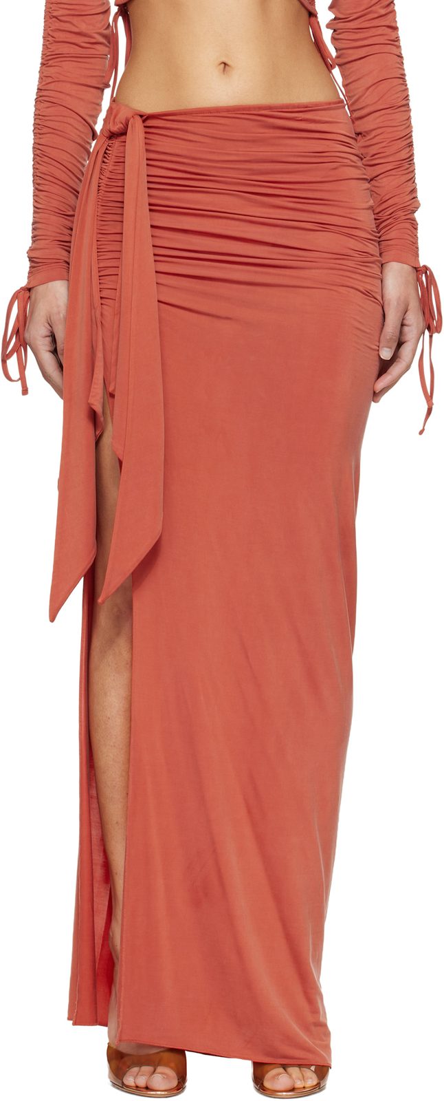 Orange Knotted Split Jersey Maxi Skirt 261251F093003