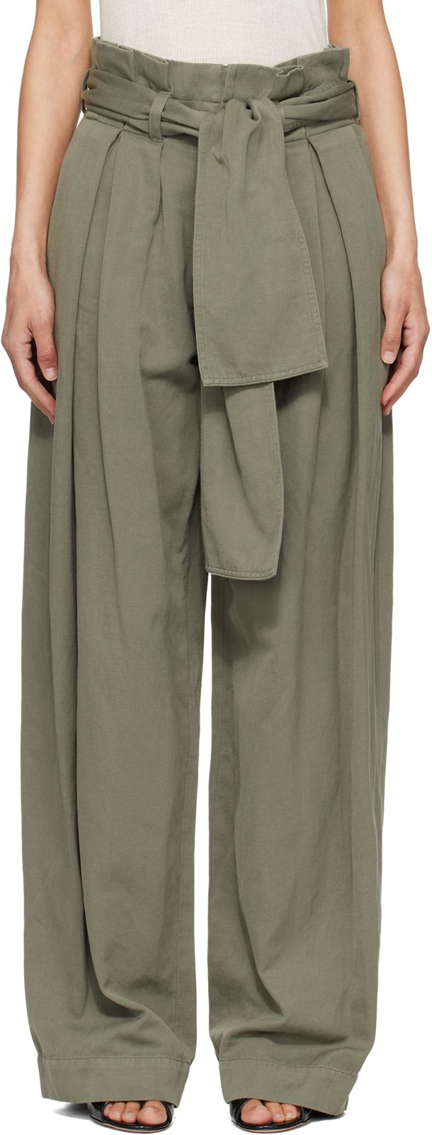 Green Twill High-Waisted Trousers 261251F087003