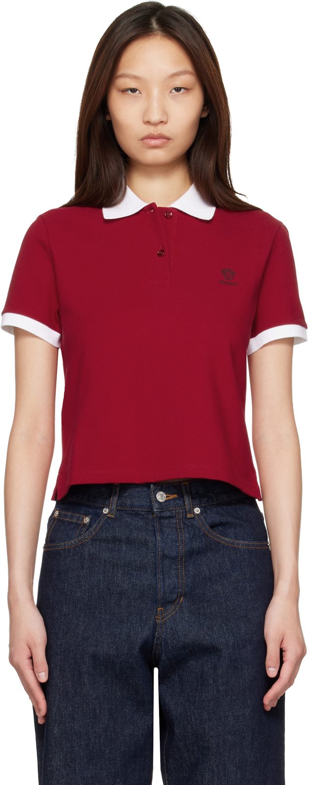 Red & White Embroidered Cotton Pique Polo 261404F108001
