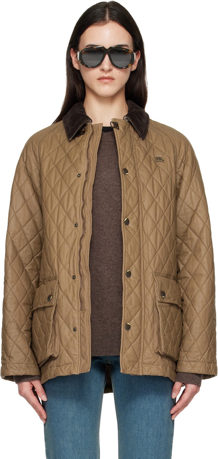 Beige Quilted Coated Cotton Barn Jacket 261376F063004