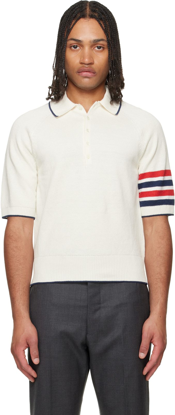 White Linen Cotton 4-Bar Relaxed Fit Polo 262381M212008