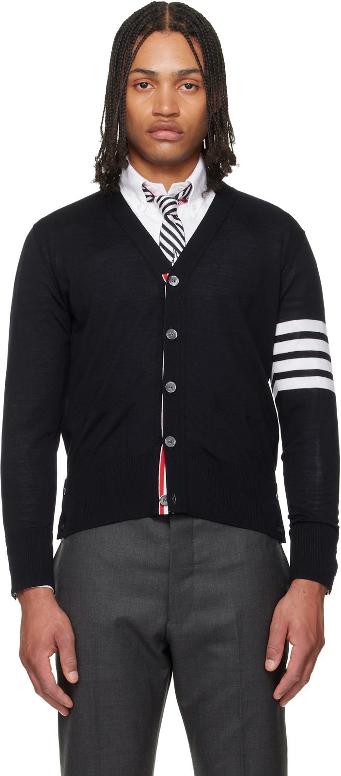 Black Merino Wool 4-Bar Classic Cardigan 262381M200006