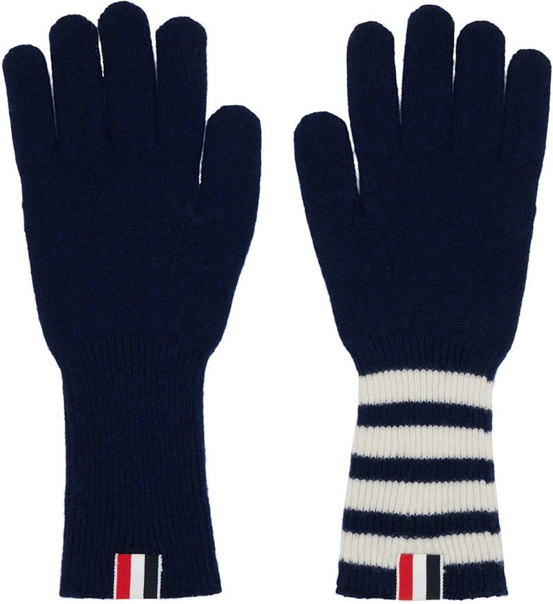 Navy Cashmere Ribbed 4-Bar Gloves 252381M135000