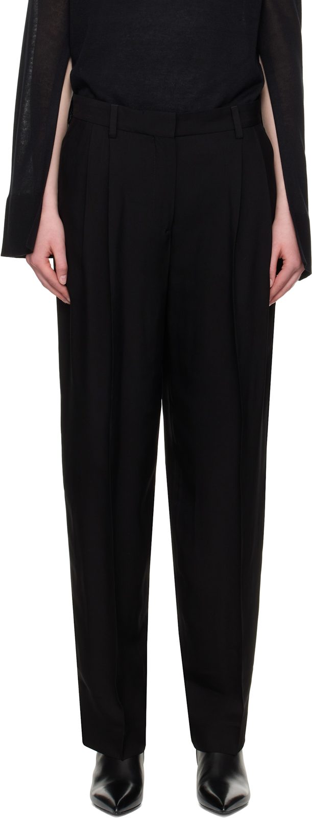 TOTEME Black Double-Pleat Straight Trousers 252771F087000