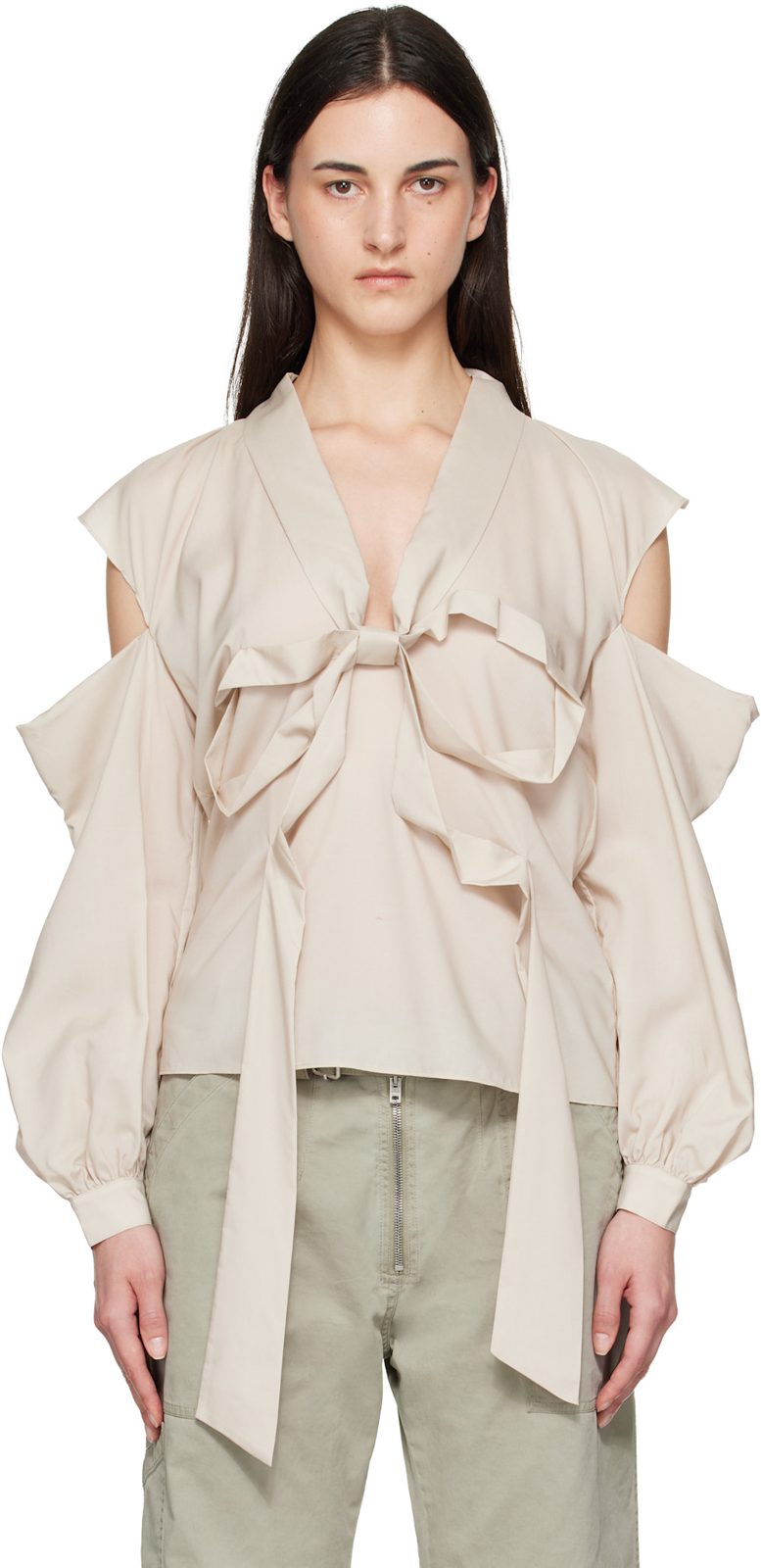 Beige Cut-Out Bow Blouse 262129F107000