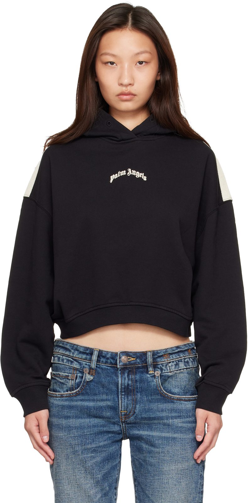 Black Curved Logo Loose Crop Hoodie 261695F097006