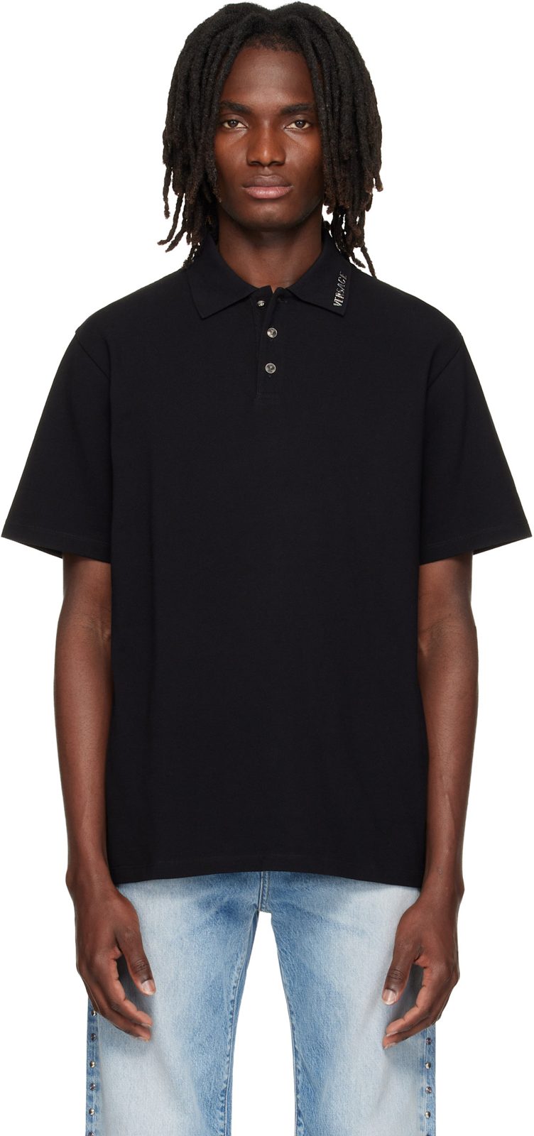 Black Piquet Crystal Embroidered Knitted Collar Polo 262404M212006