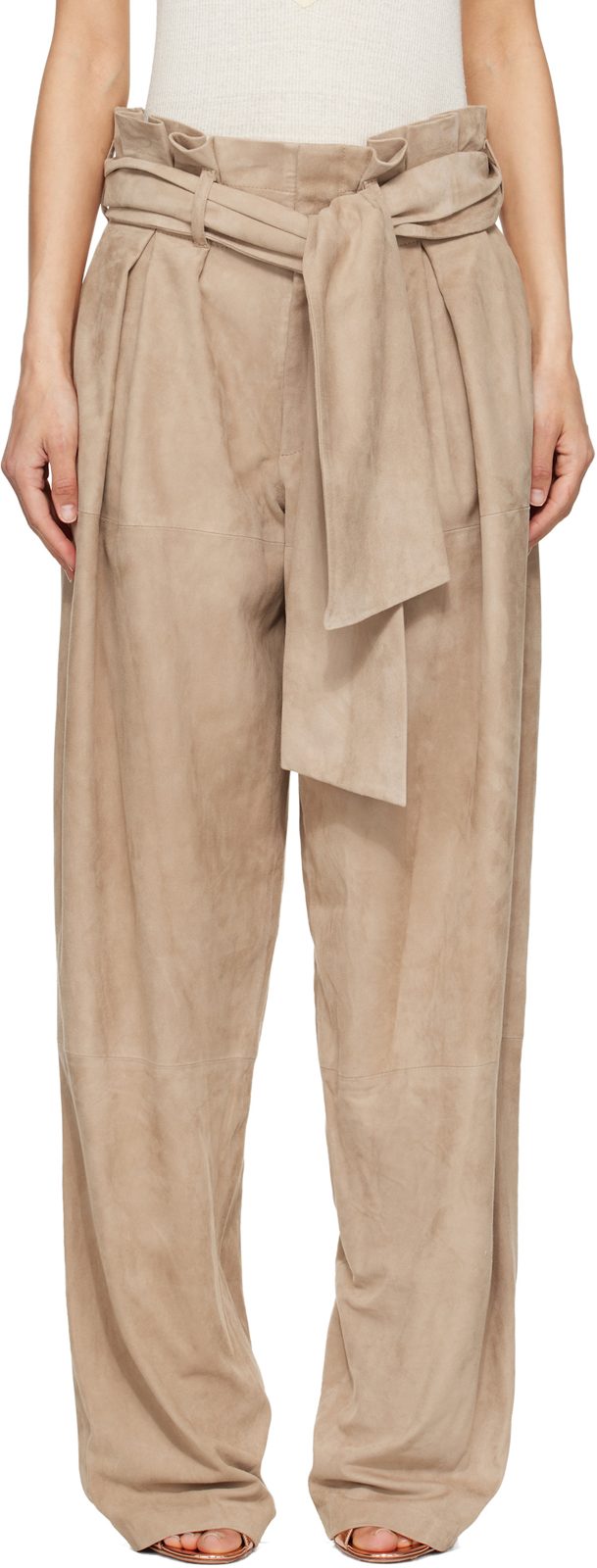 Beige Suede High-Waisted Trousers 261251F087004
