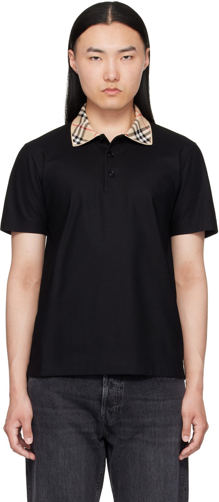 Black Check Collar Cotton Polo 262376M212006