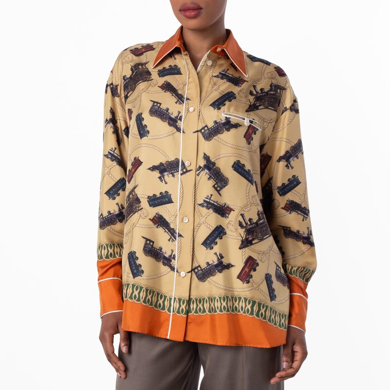 Train Printed Long-Sleeved Silk Shirt_Multicolor