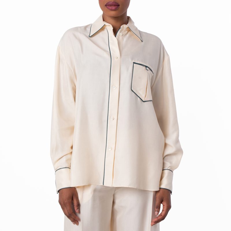 Contrast Piping Relaxed Silk Shirt_Bone