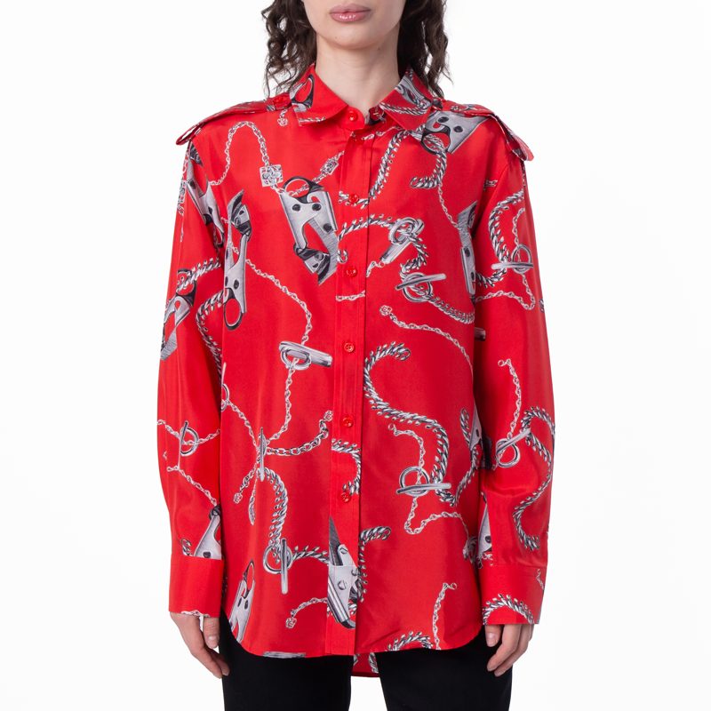 All-Over Graphic Print Silk Long Sleeve Shirt_Silver/Red