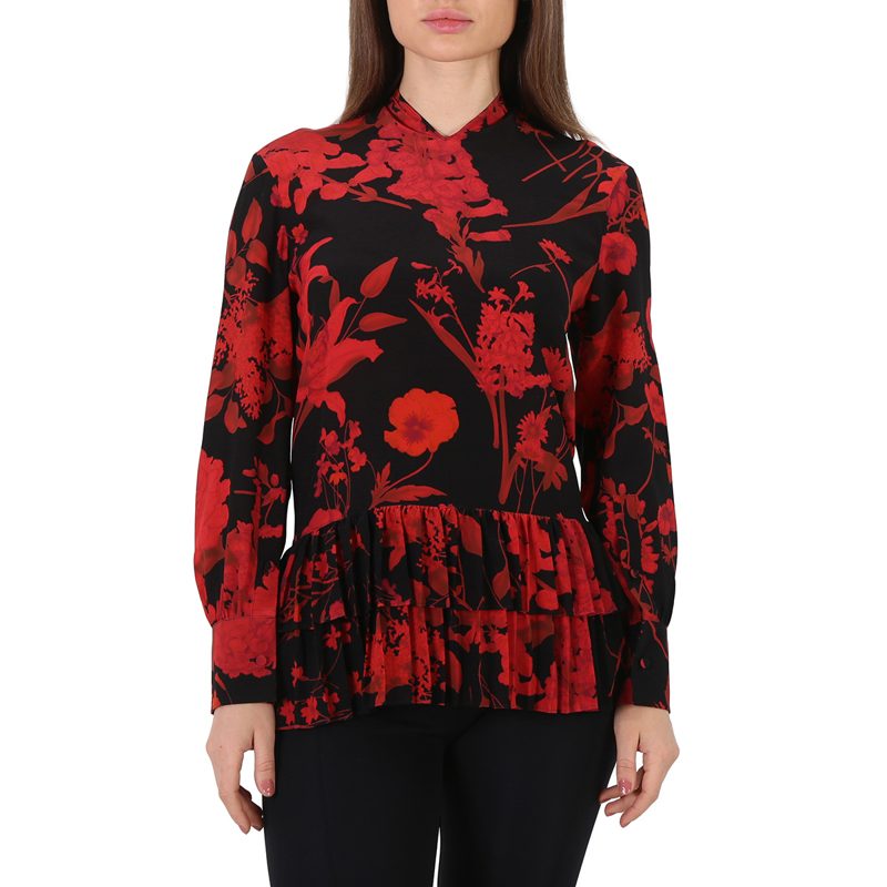 Garavani Floral Print Pleated Trim Blouse_Black