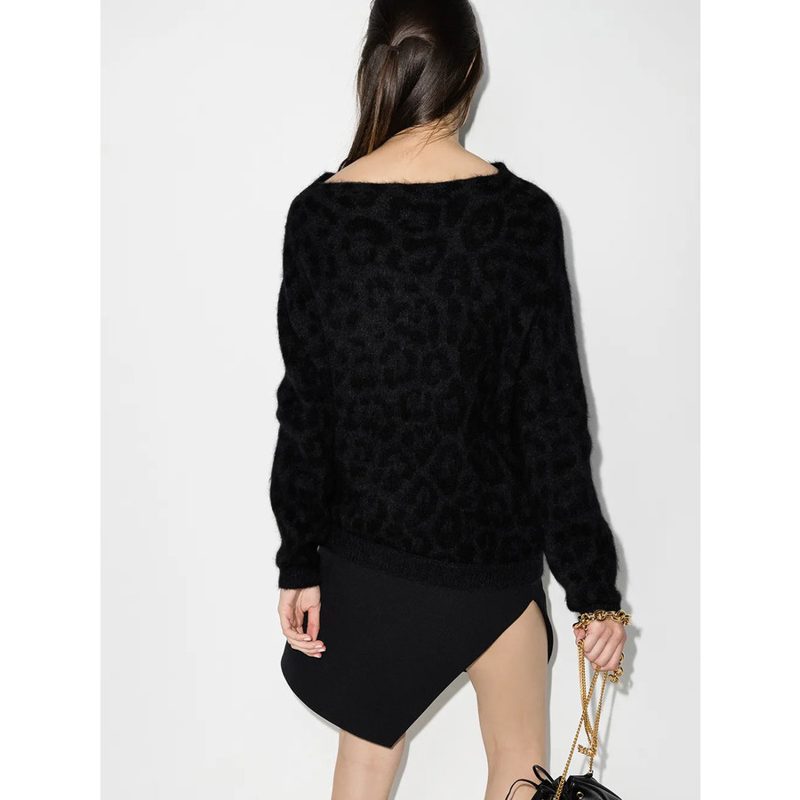 Garavani Off-Shoulder Leopard Knit Jumper_Black