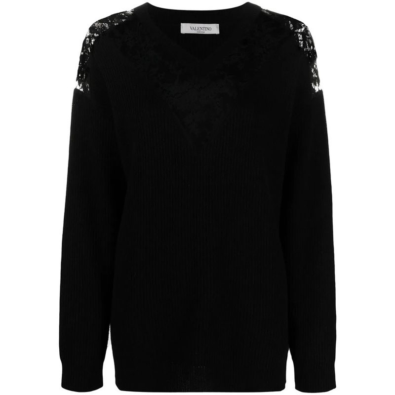 Garavani Lace-Embellished V-Neck Jumper_Black