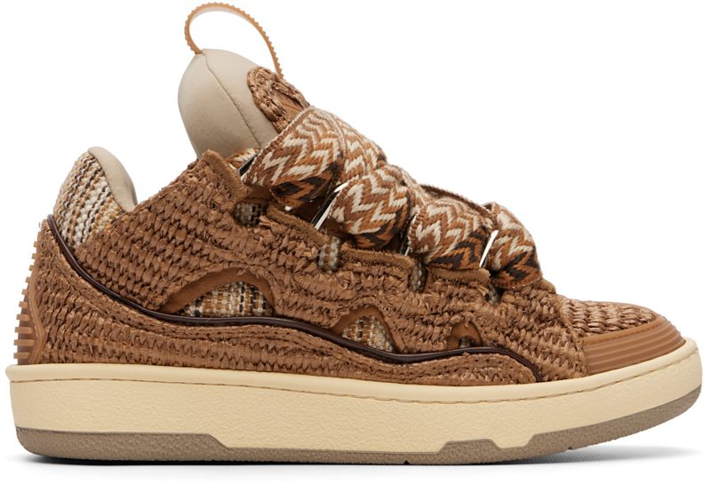 Brown Faux-Raffia Curb Sneakers 261254M237063