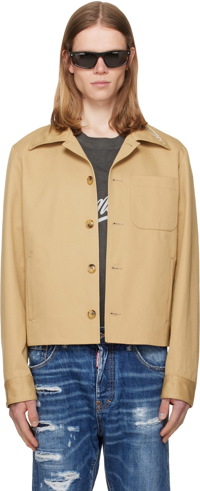 Beige Script Collar Shirt Jacket 262886M180001