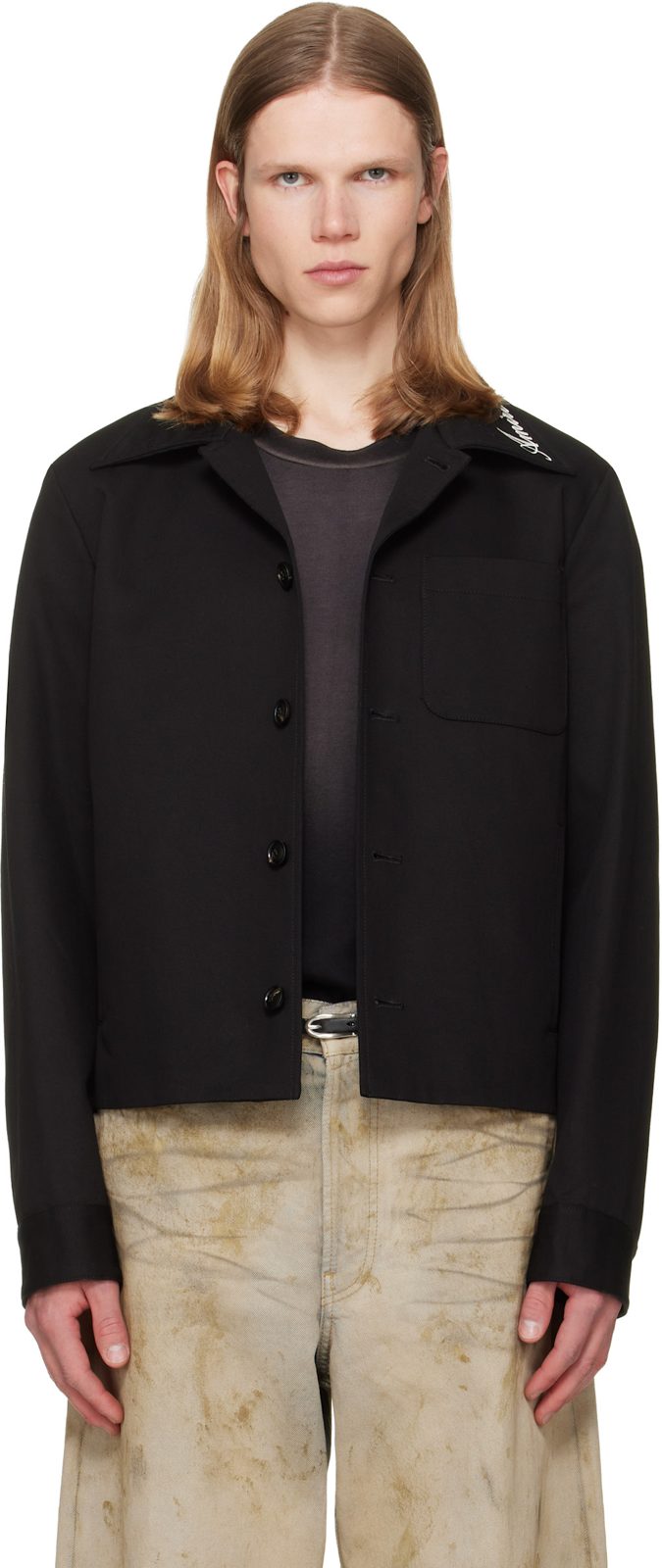 Black Script Collar Shirt Jacket 262886M180000