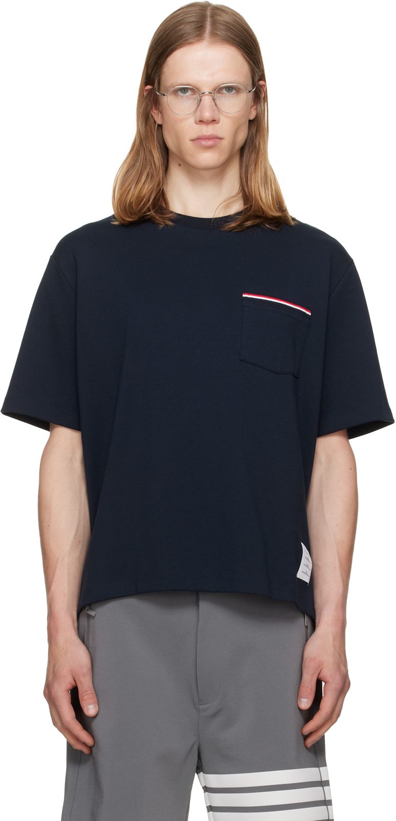 Navy Milano Cotton Oversized Pocket T-shirt 262381M213006