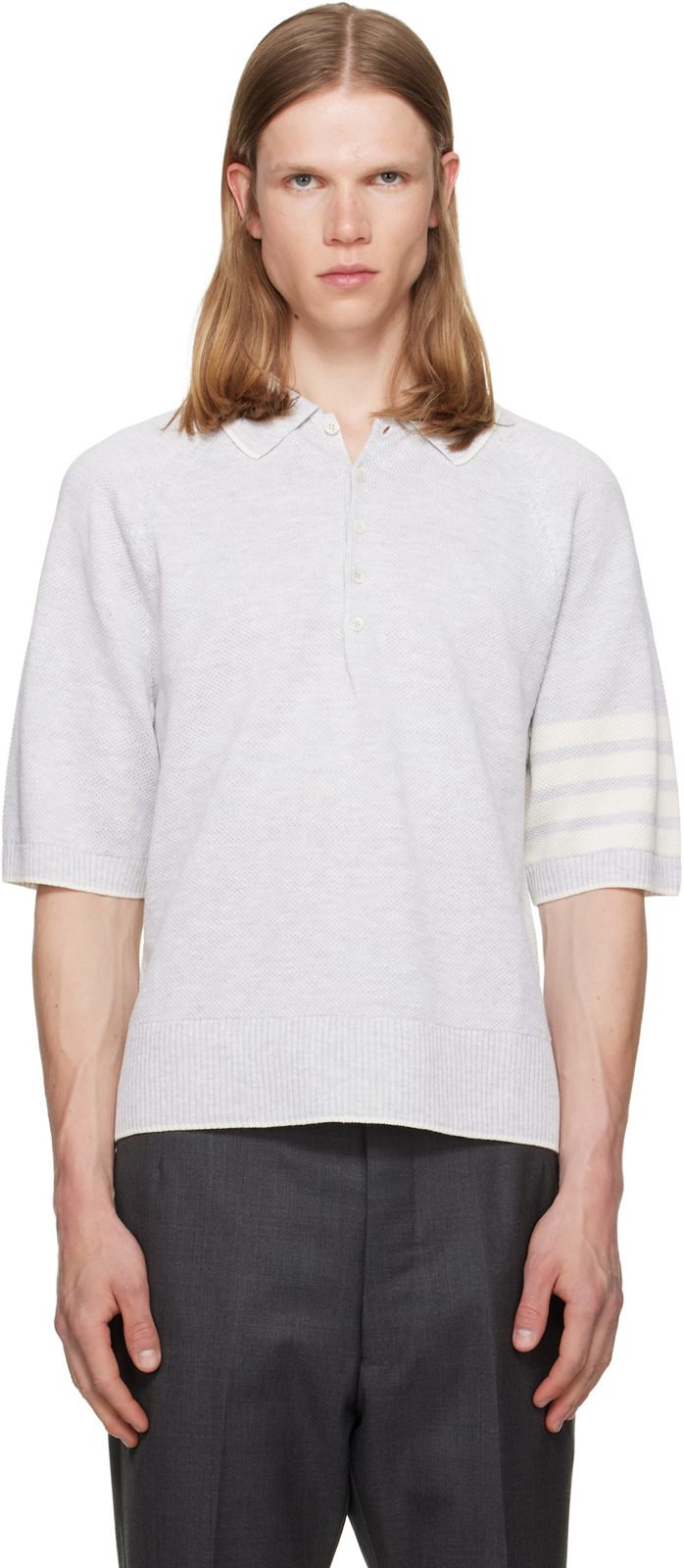 Gray Linen Cotton 4-Bar Relaxed Fit Polo 262381M212007