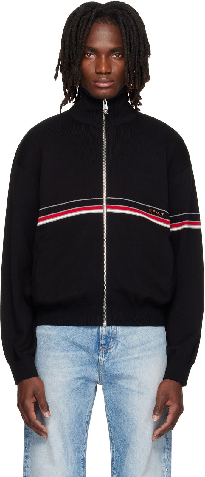 Black Embroidered-Logo Cotton Knit Zip Cardigan 262404M202009