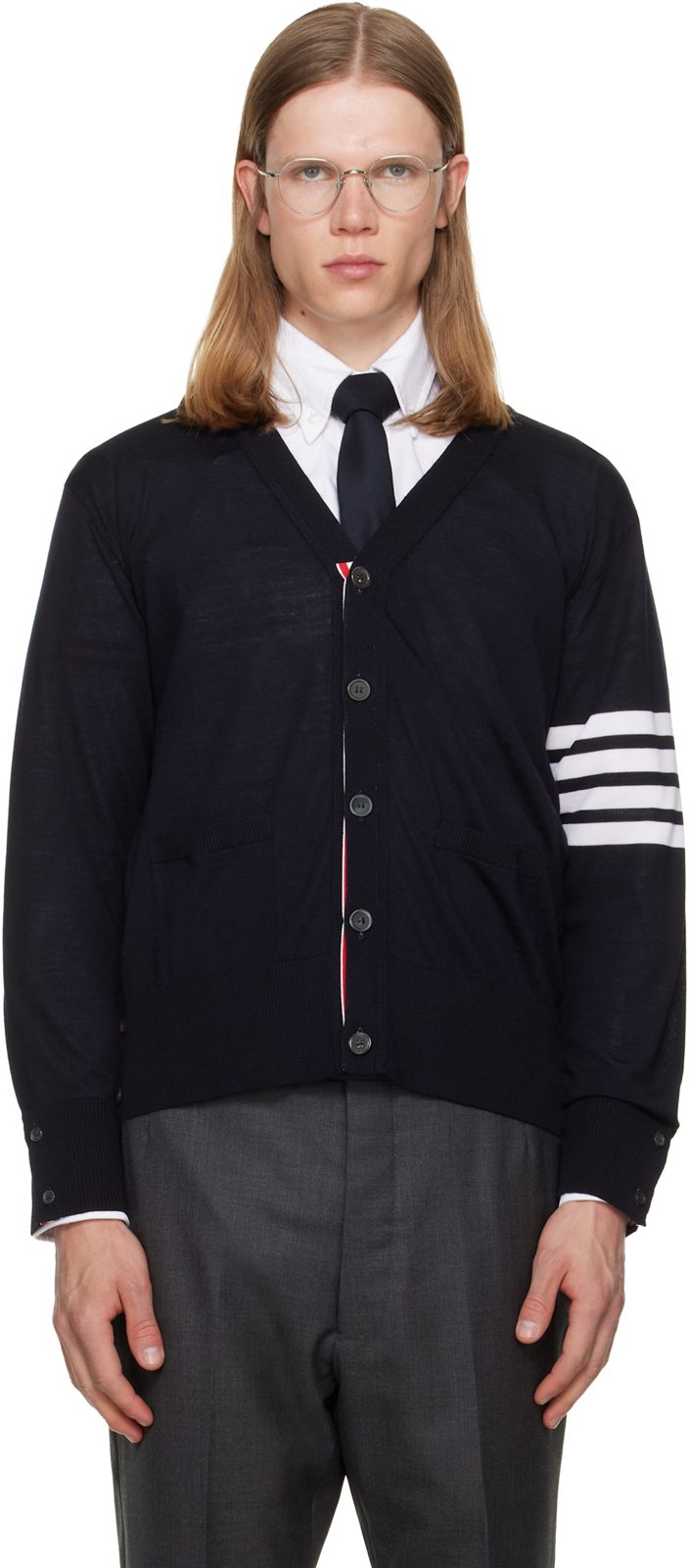 Navy Merino Wool 4-Bar Classic Cardigan 262381M200003