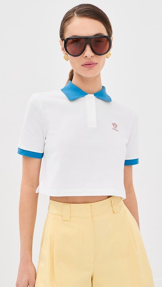 Medusa Embroidery Cropped Pique Polo_White/Azure Blue