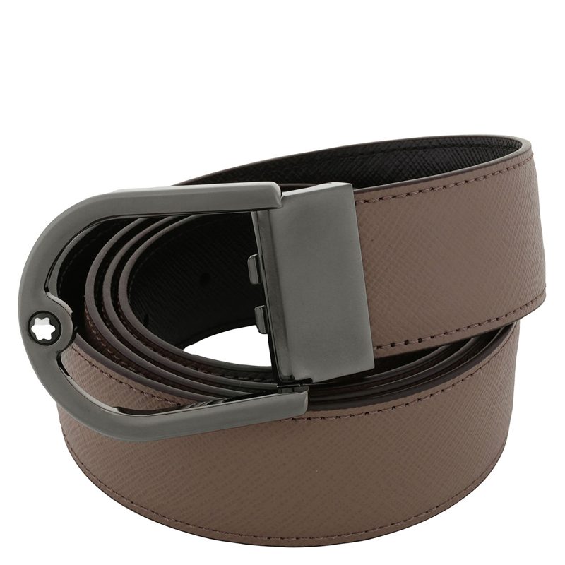 Montblanc Horseshoe Buckle Saffiano Printed Reversible Leather Belt_Mastic / Black