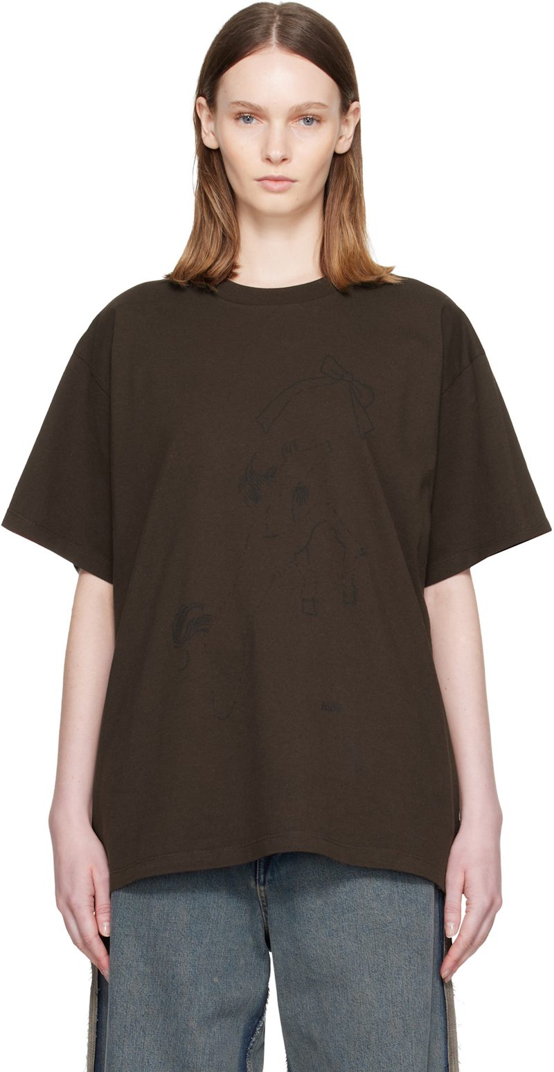 Brown Horse Print Cotton T-shirt 262188F110013