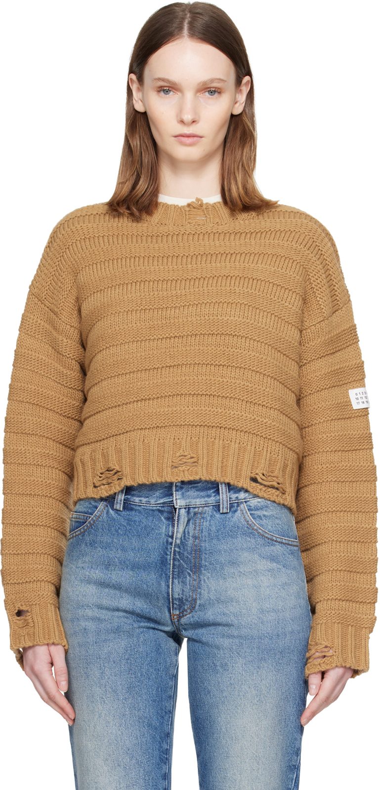 Beige Ribbed Horizontal Links Crewneck 262188F096006