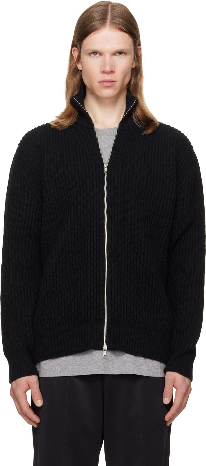 Black Ribbed Knit Jacket 262188M180005