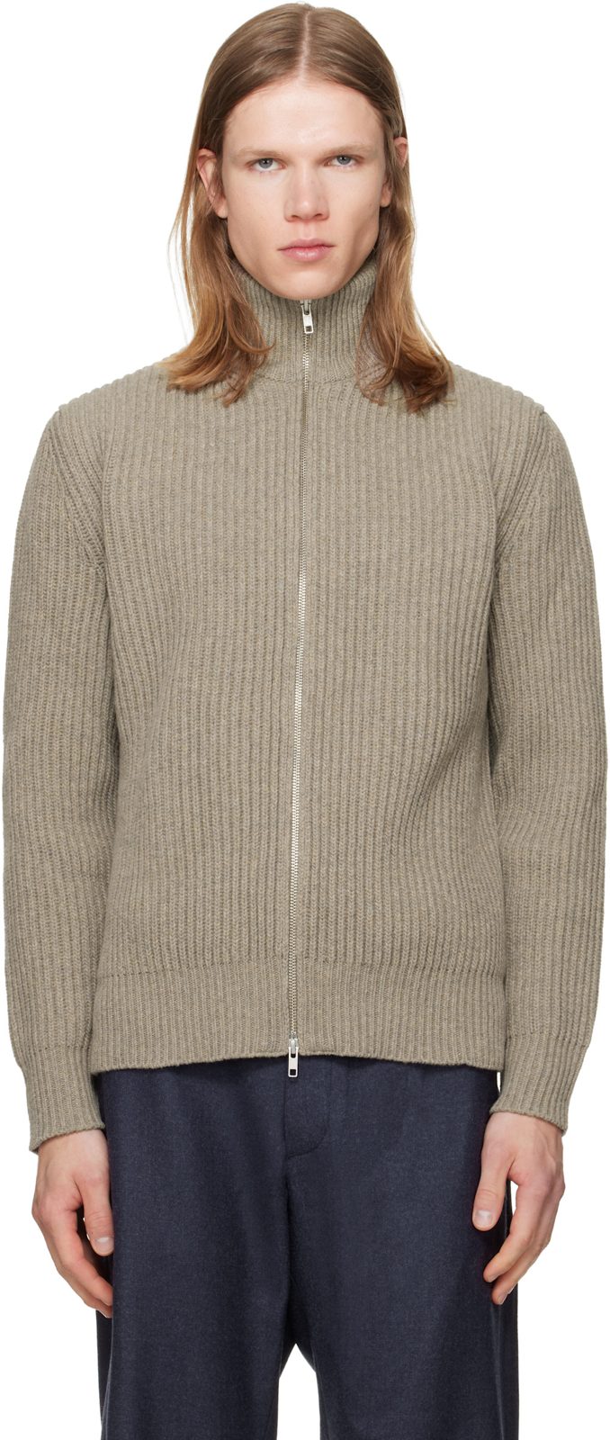 Beige Ribbed Knit Sweater 262188M202007
