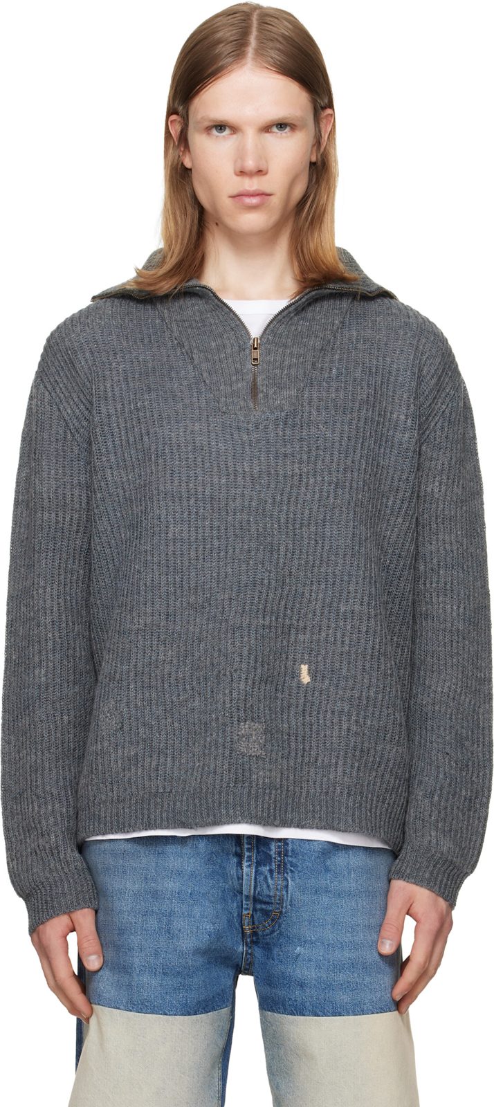 Gray Mended Ribbed Sweater 262168M202003