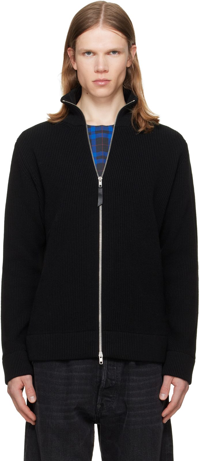 Black Knit Zip-Up Sweater 262168M202000