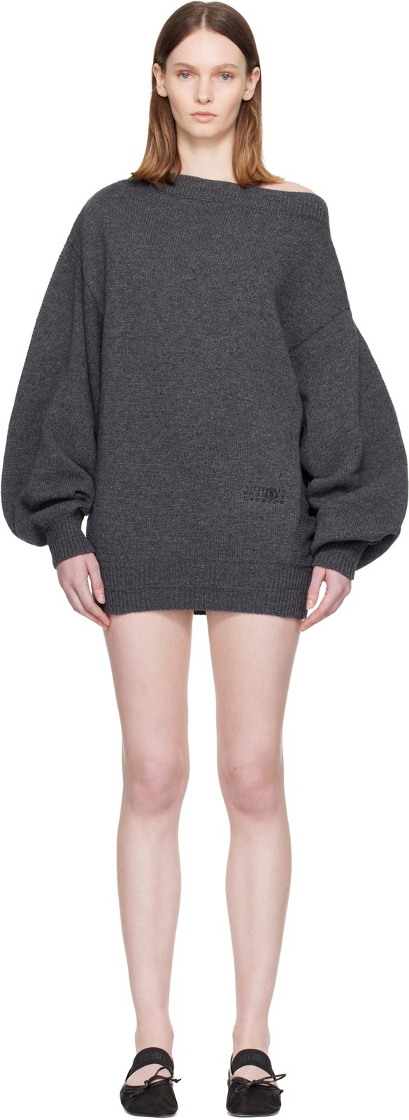 Gray Off-shoulder Knit Minidress 262188F052004