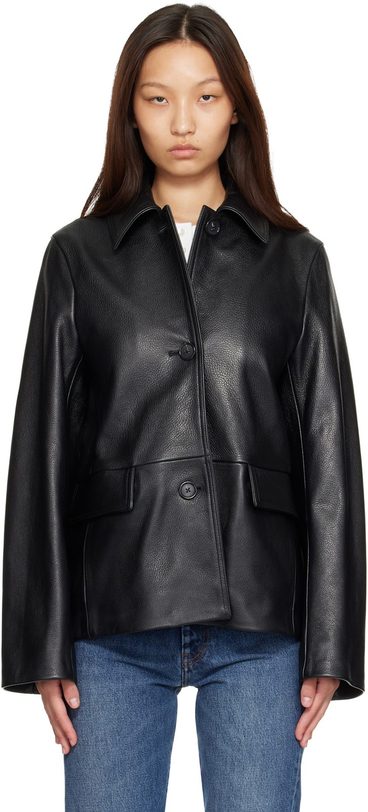 TOTEME Black Grained Leather Jacket 262771F064000