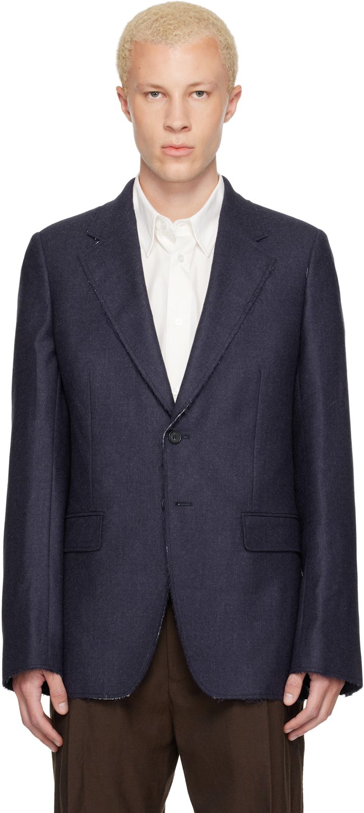 Navy Raw Edges Wool Twill Blazer 262188M195003