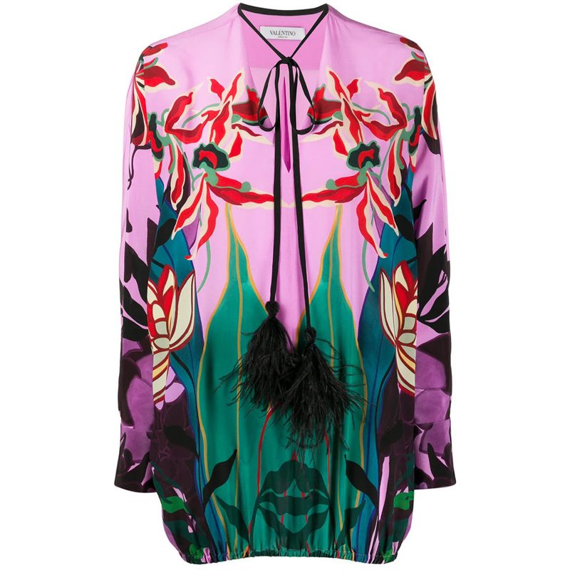 Garavani Feather-Embellished Mirrored Orchid Ramage Blouse_Pink