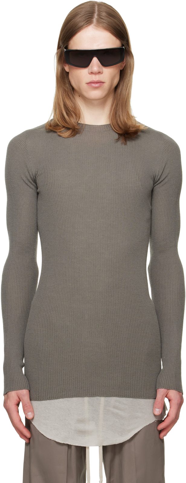 Gray Tower Ribbed Round Neck Sweater 262232M201025