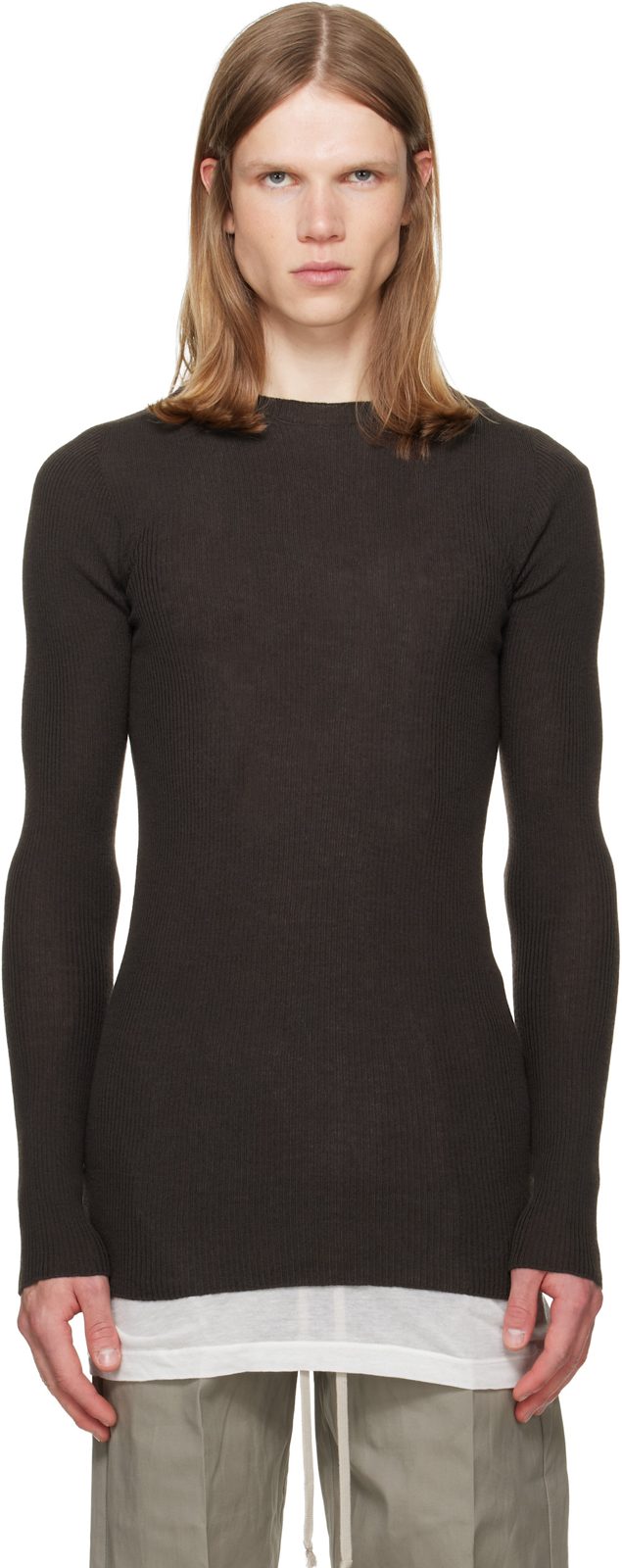 Brown Tower Ribbed Round Neck Sweater 262232M201023