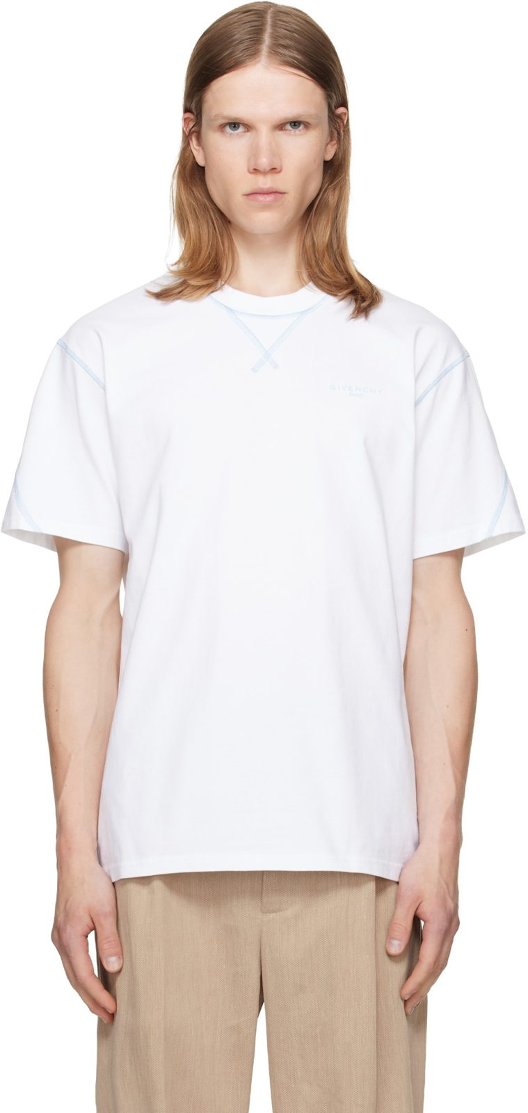 White Contour Seam Contrasted Stitch T-shirt 262278M213016