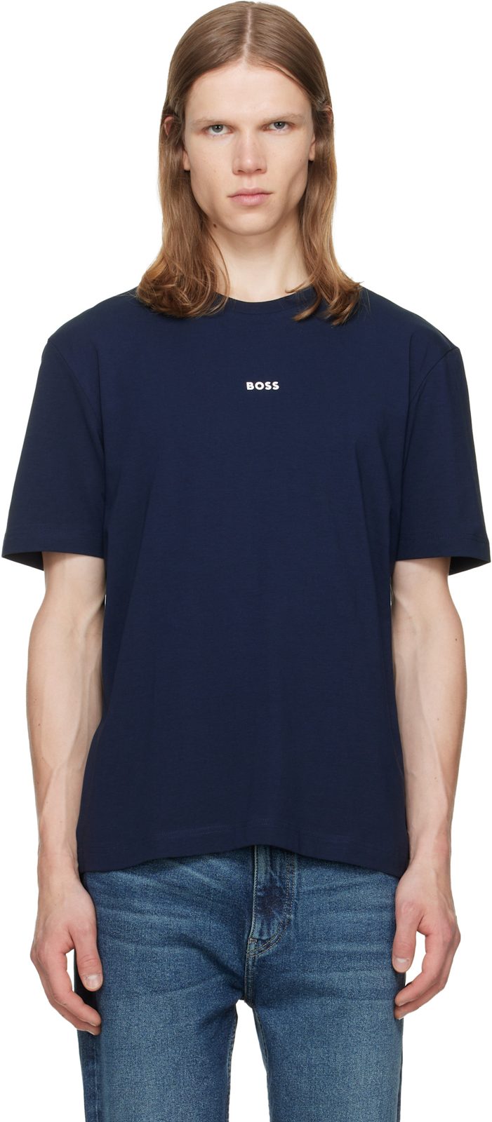 Navy Stretch-Cotton Contrast Logo T-shirt 262085M213015