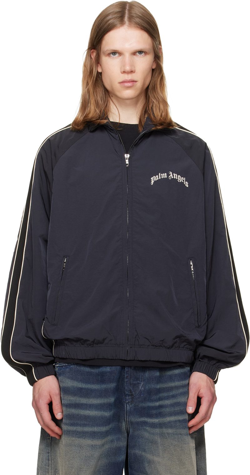 Black Curved Logo Vintage Windbreaker Track Jacket 261695M180005