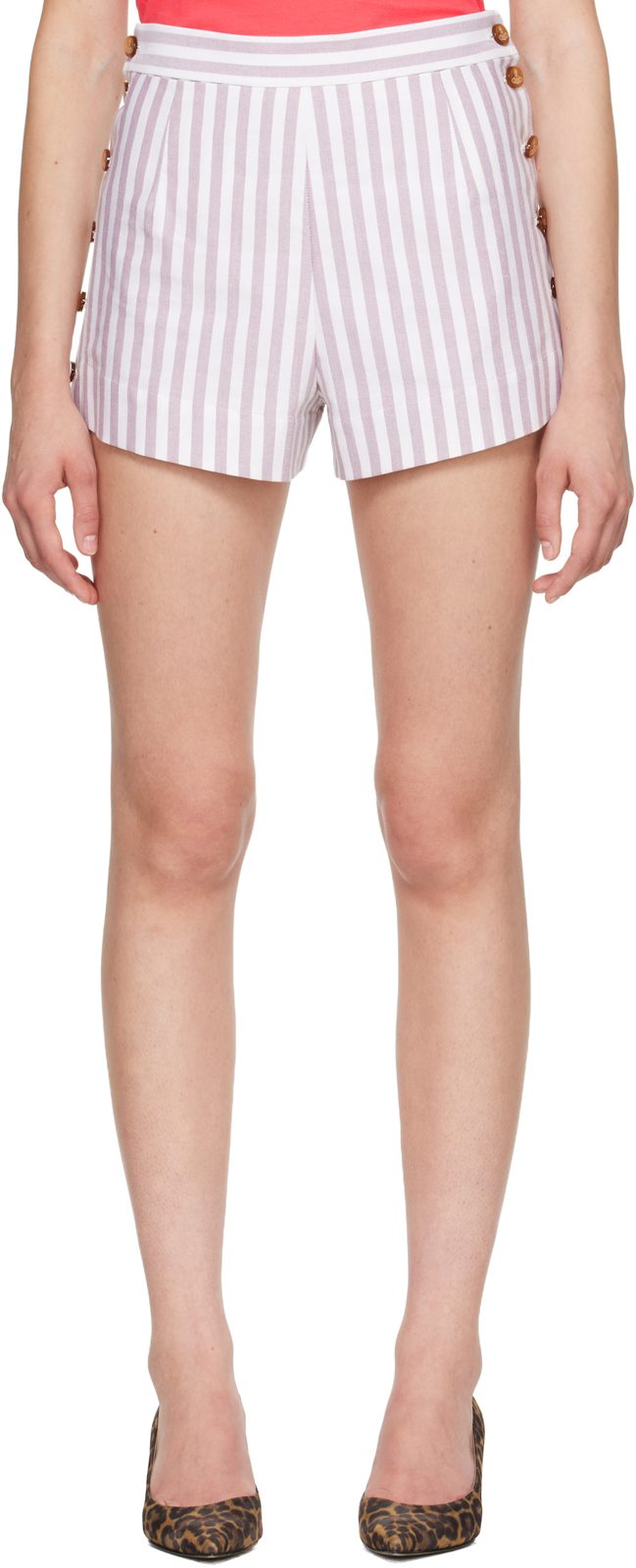 White & Burgundy Elle Button Shorts 262314F088001