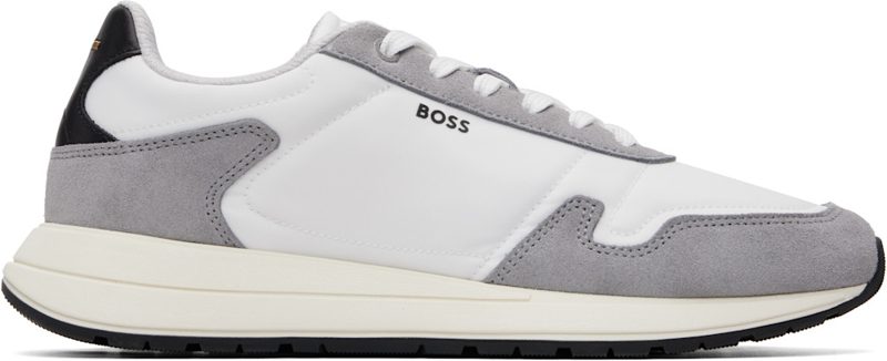 White & Gray Lightweight Fabric Suede Trim Sneakers 262085M237035