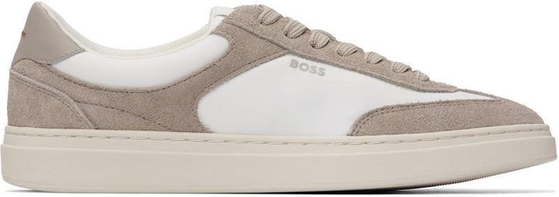White & Taupe Suede Trims Lace-Up Sneakers 262085M237014