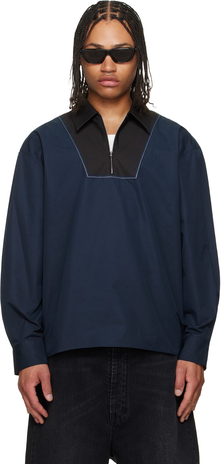 Marni Navy Poplin Zip Bib Shirt 262379M192010