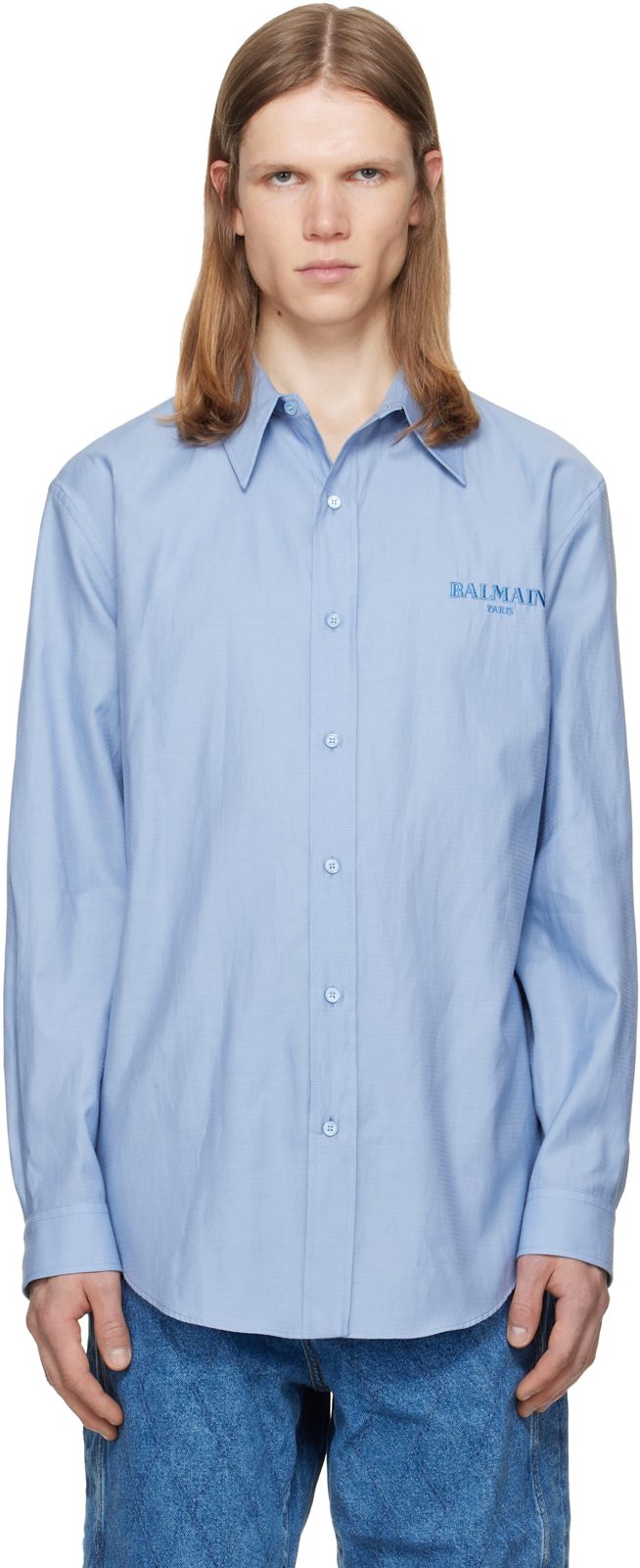 Blue Herringbone Poplin Regular Shirt 262251M192007