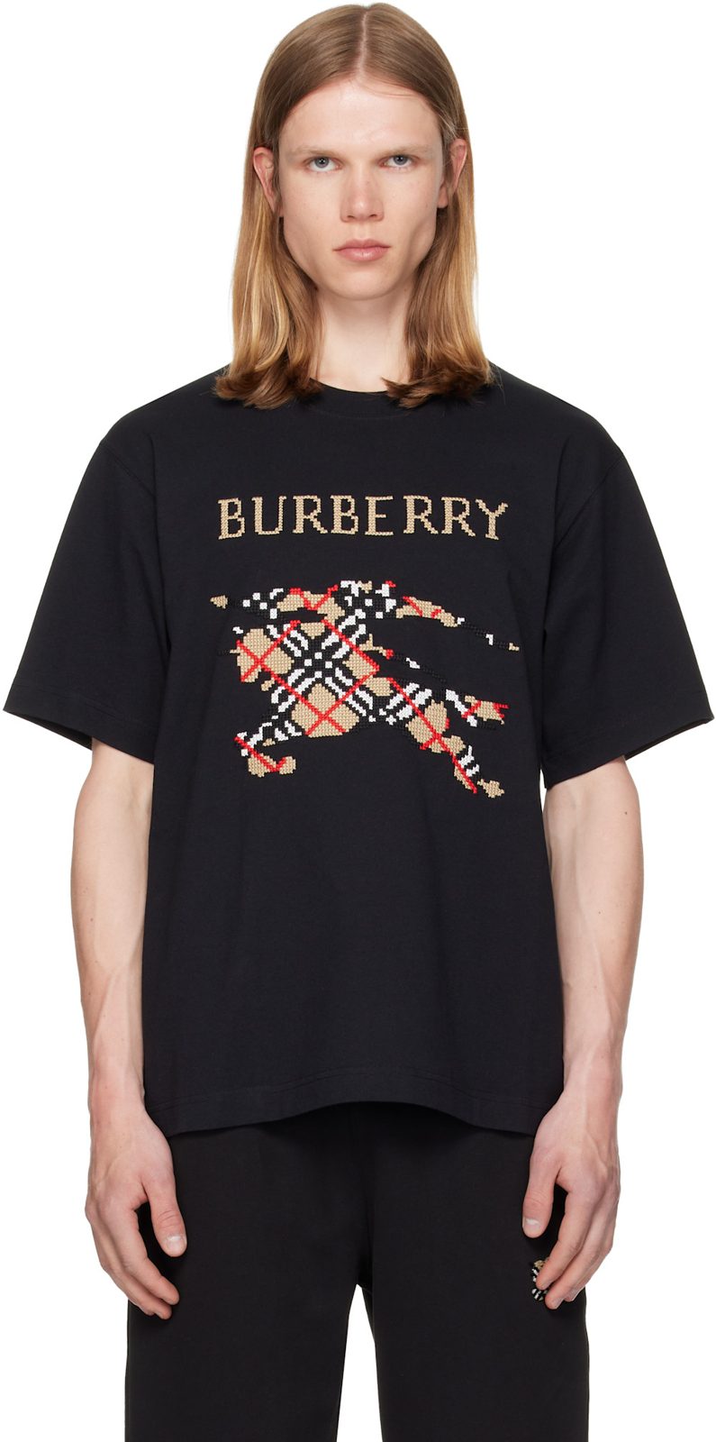 Black Cross Stitch Knight Cotton T-shirt 262376M213008