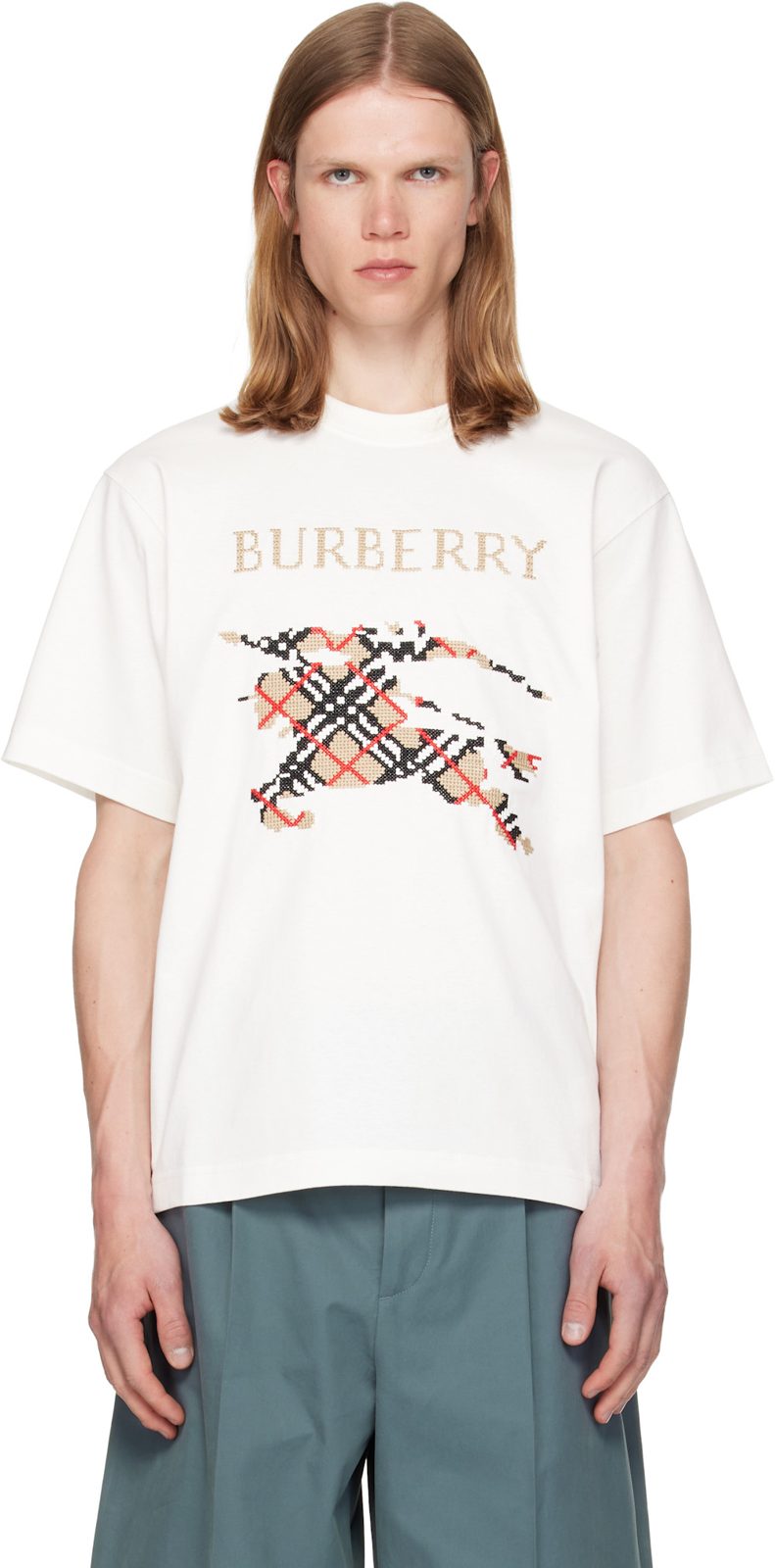 White Cross Stitch Knight Cotton T-shirt 262376M213007